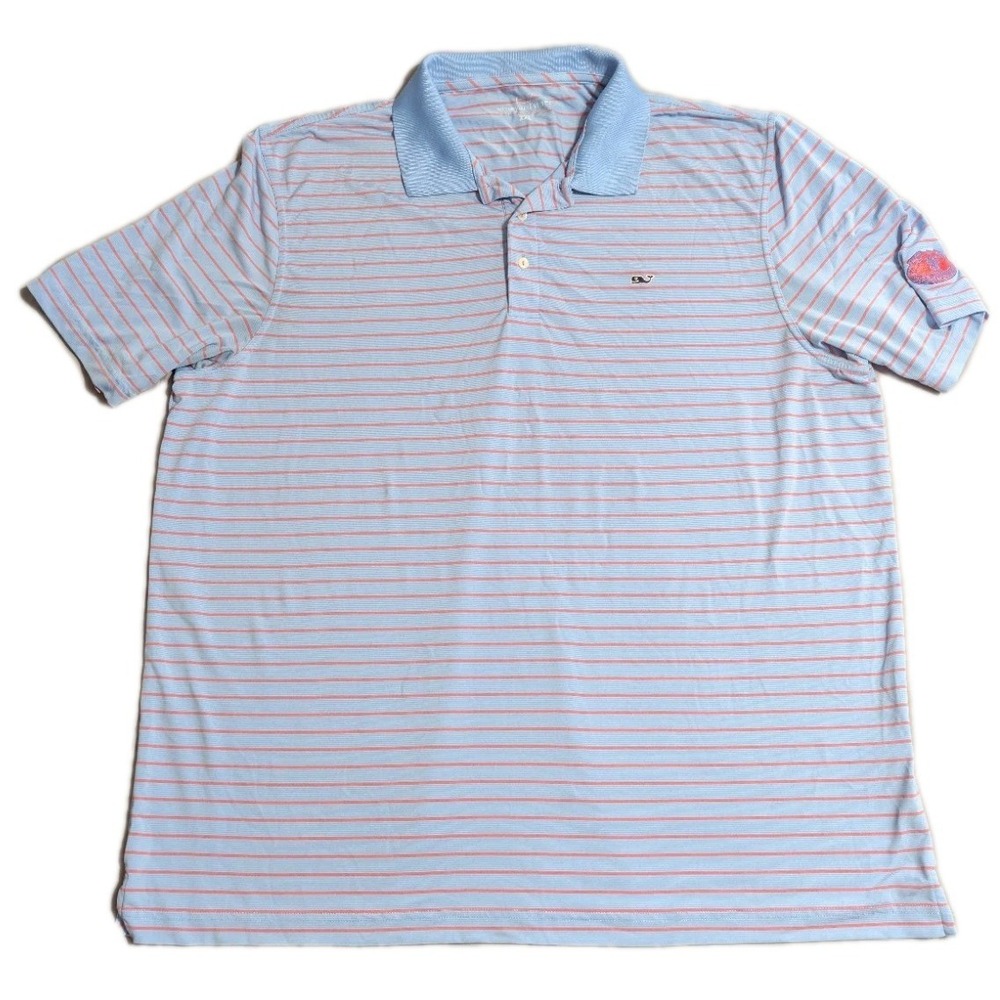 Vineyard Vines Golf Polo Mens 2XL Blue Pink Striped Performance Shirt Logo Patch